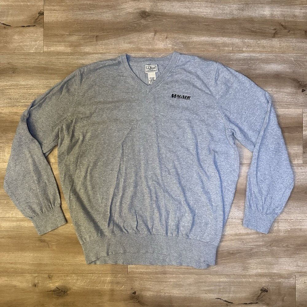 LL Bean Sweater Mens XL Gray V-Neck Cotton Cashmere Blend Relaxed‎ Fit Vintage